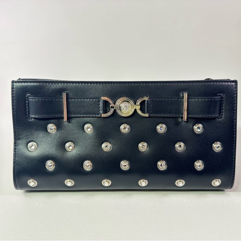 NEW! Versace Crystal Medusa 95 Studded Clutch Black Lamb Leather - Picture 1 of 12